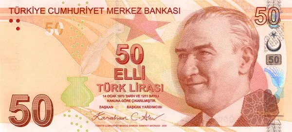 Turkey 50 Lira 2009–2024 banknote Pick 225 UNC – Front view Atatürk