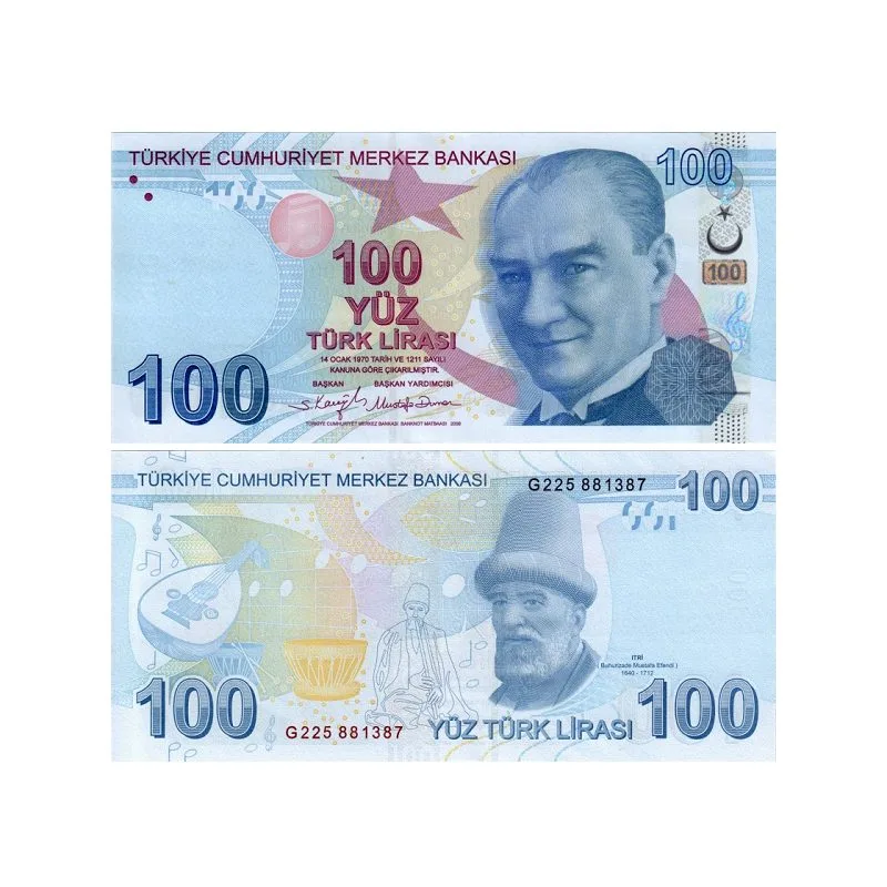 Turkey 100 Lira 2009–2025 banknote Pick 226 UNC – Atatürk and Buhurizade Itri with Mevlevi figure