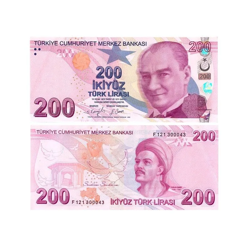 Turkey 200 Lira 2009–2025 banknote Pick 227 UNC – Atatürk and Yunus Emre with mausoleum and pigeon