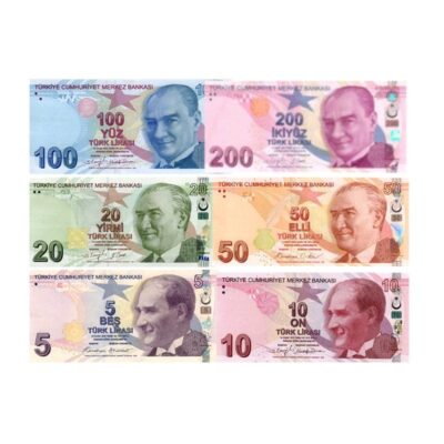 Turkey complete banknote set 2009–2025 – 6 UNC notes Picks 222–227 with Atatürk and cultural icons