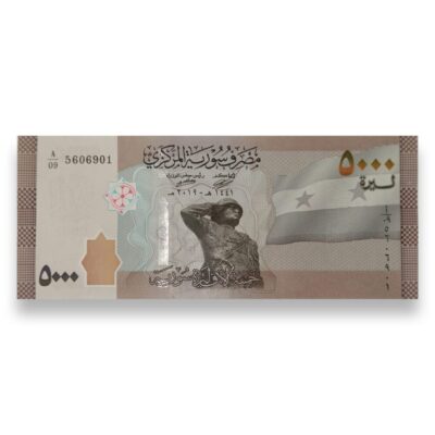 Front view of Syria 5000 Pounds UNC Banknote 2021 with intricate design and security features