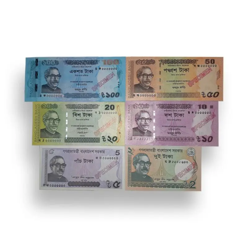 Bangladesh specimen banknote set 2011–2024 – 6 UNC paper notes with SPECIMEN overprint