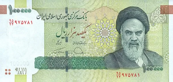 Iran 100000 Rials banknote Pick 151 UNC –Fron view Khomeini