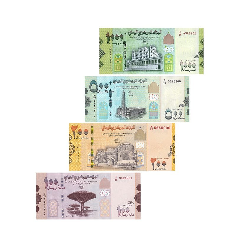 Yemen banknote set 2017–2018 – 100, 200, 500, 1000 Rials UNC Picks W37–W40 with Socotra, Zabid, Rock Palace, Bab al-Yaman