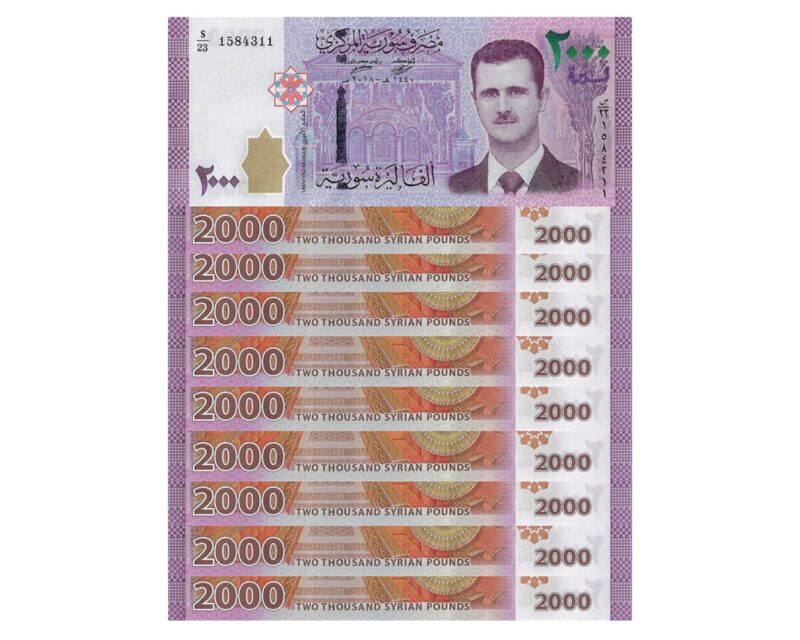 10 uncirculated 2000 SYP banknotes with Assad portrait Front/back of Syria Pick #117 2000 pound note Lot of Syrian currency in protective packaging