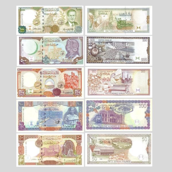 Complete set of 1997 Syria SYP banknotes Front/back of Syria 1000 SYP note with Hafiz al-Assad Syrian currency collection in protective case