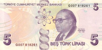 Turkey 5 Lira purple 2013–2024 banknote Pick 222b–222f UNC – Back view Aydın Sayılı with Z-DNA and solar system