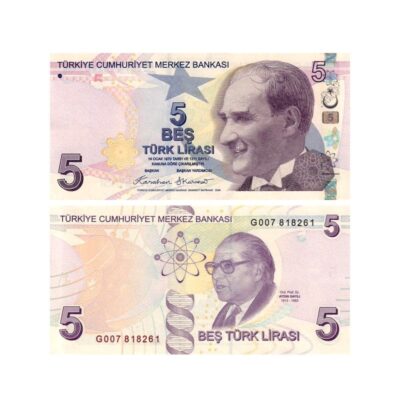 Turkey 5 Lira purple 2013–2024 banknote Pick 222b–222f UNC – Atatürk and Aydın Sayılı with Z-DNA and solar system