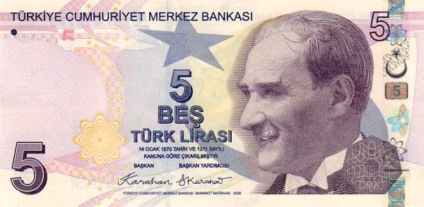 Central Bank of the Republic of Turkey, Five Turkish Lira banknote Turkey 5 Lira purple 2013–2024 banknote Pick 222b–222f UNC – Front view Atatürk
