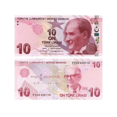 Turkey 10 Lira 2009–2025 banknote Pick 223 UNC – Atatürk and Cahit Arf with Arf invariant and binary sequence