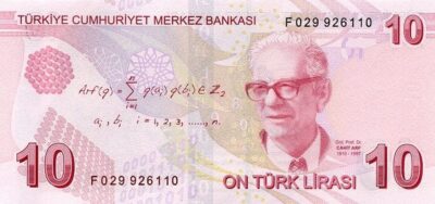Turkey 10 Lira 2009–2025 banknote Pick 223 UNC – Back view Cahit Arf with Arf invariant and binary sequence