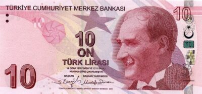 Turkey 10 Lira 2009–2025 banknote Pick 223 UNC – front view Atatürk