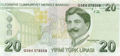 Turkey 20 Lira 2009–2025 banknote Pick 224 UNC – Back view Mimar Kemaleddin with Gazi University and architectural symbols