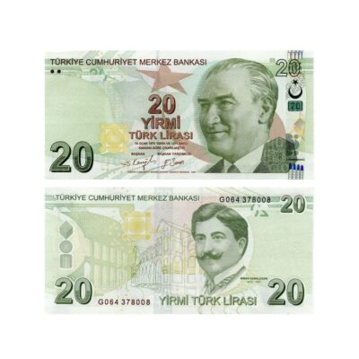 Turkey 20 Lira 2009–2025 banknote Pick 224 UNC – Atatürk and Mimar Kemaleddin with Gazi University and architectural symbols