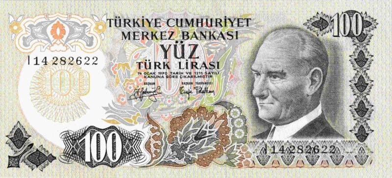 Turkey 100 Lira 1972–1983 banknote Pick 189 UNC – Front view Atatürk