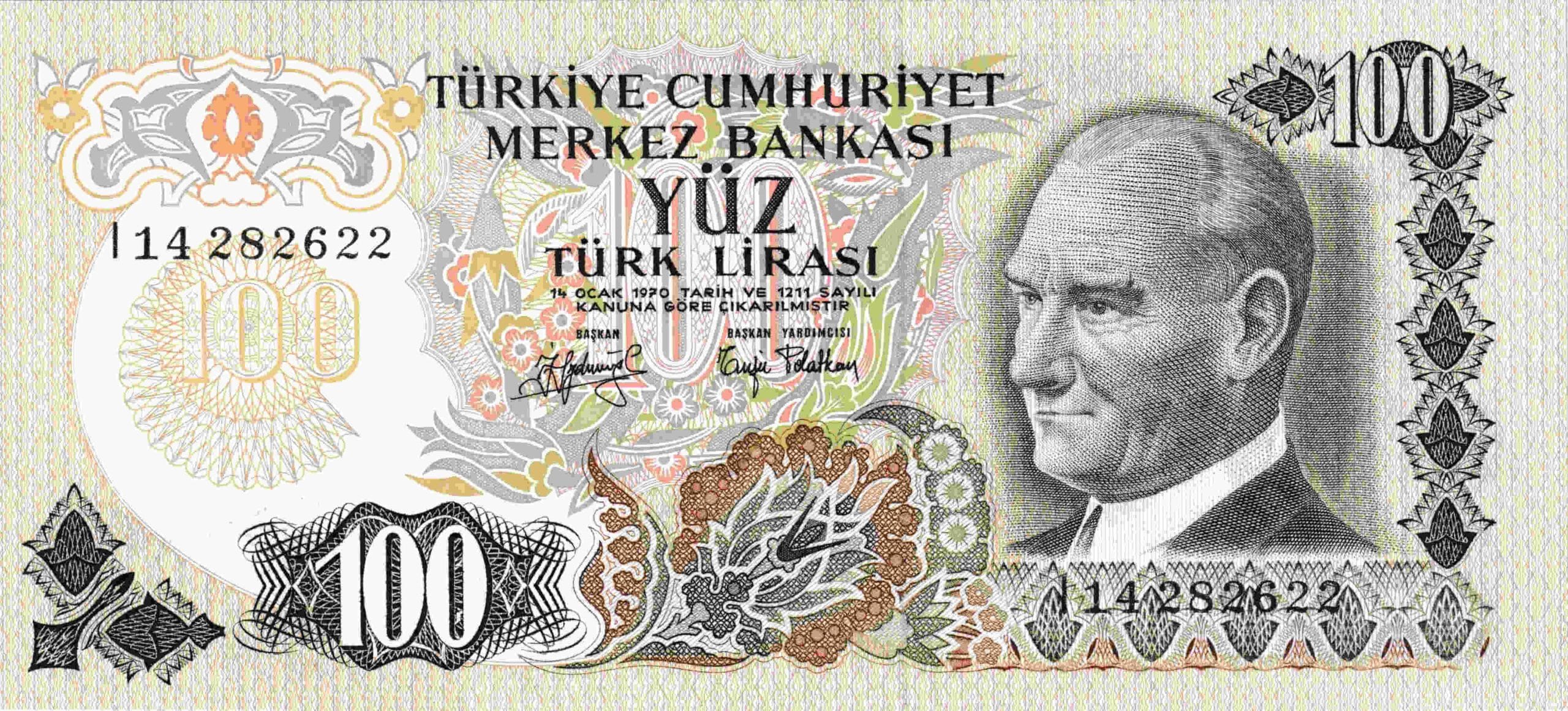 Central Bank of the Turkish Republic, One Hundred Turkish Lira 1973-1983 Turkey 100 Lira 1972–1983 banknote Pick 189 UNC – Front view Atatürk
