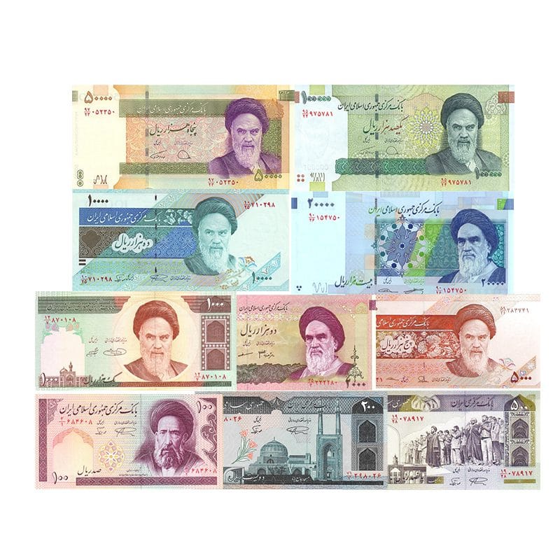 Iran-set-of-10--UNC-banknotes Iran set of 10 UNC banknotes – 100 to 100000 Rials with Khomeini, Saadi, Persepolis, Damavand