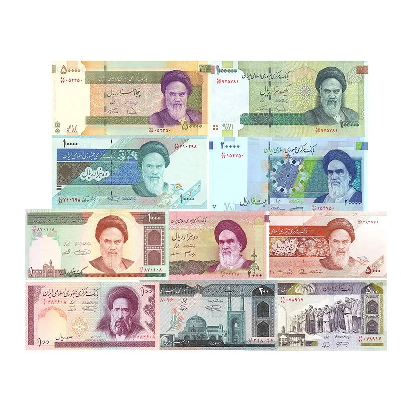 Iran set of 10 UNC banknotes – 100 to 100000 Rials with Khomeini, Saadi, Persepolis, Damavand
