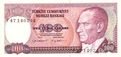 Turkey 100 Lira 1983–1984 banknote Pick 194 UNC – Front view Atatürk