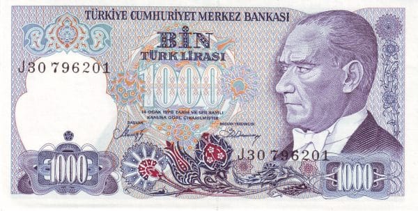 Turkey 1000 Lira 1986–1988 banknote Pick 196 UNC Turkey 1000 Lira 1986–1988 banknote Pick 196 UNC –Front view Atatürk