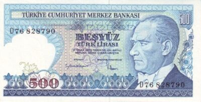 Turkey 500 Lira 1983–1984 banknote Pick 195 UNC – Front view Atatürk