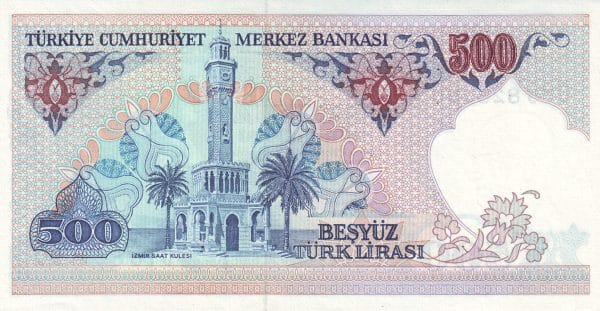 Turkey 500 Lira 1983–1984 banknote Pick 195 UNC Note Turkey 500 Lira 1983–1984 banknote Pick 195 UNC – Back view İzmir Clock Tower