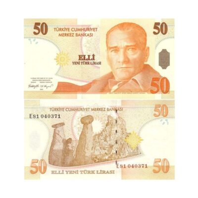 Turkey 50 New Lira 2005 banknote Pick 220 XF – Atatürk and Cappadocia fairy chimneys